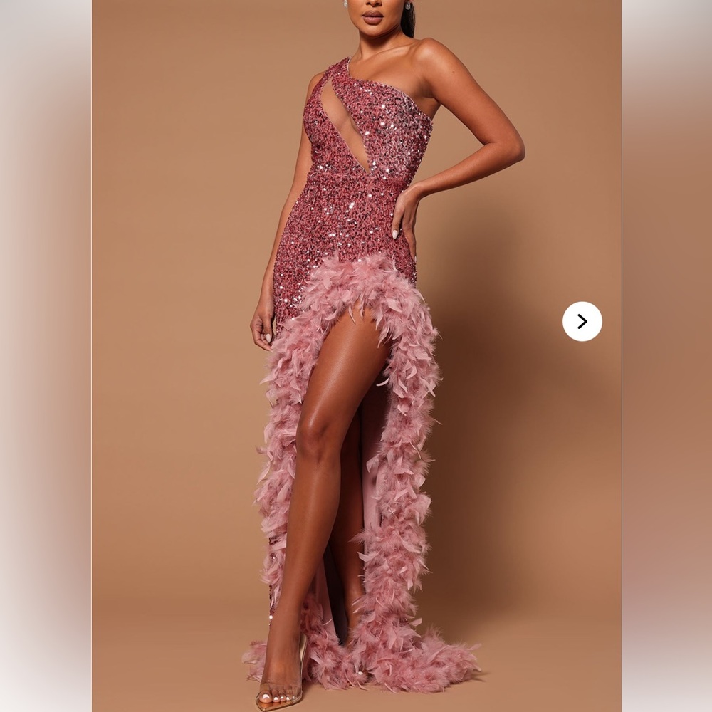 Fashion Nova One-Shoulder Feather Trim Sequin Gown in Dusty Rose